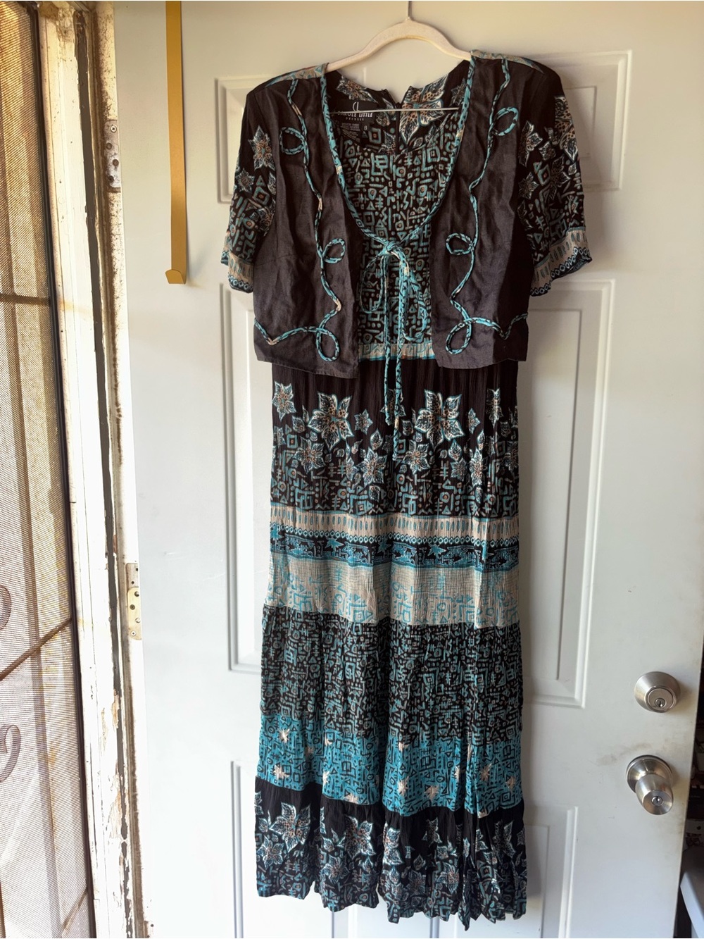 Carole Little vintage 90s black/teal crinkle rayon dress size 8